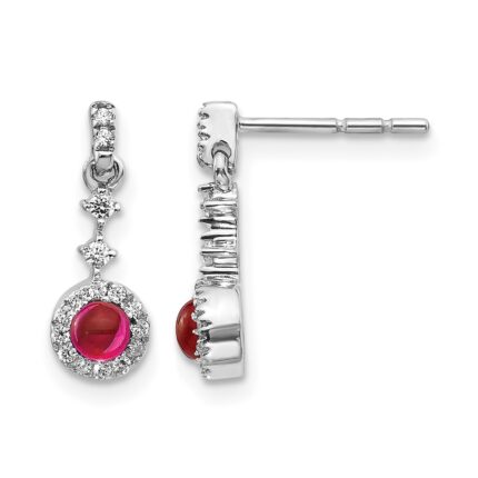 14k White Gold 3mm Round Ruby Cabochon and Diamond Halo Dangle Post Earrings