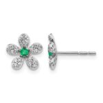14k White Gold Diamond and Emerald Flower Post Earrings