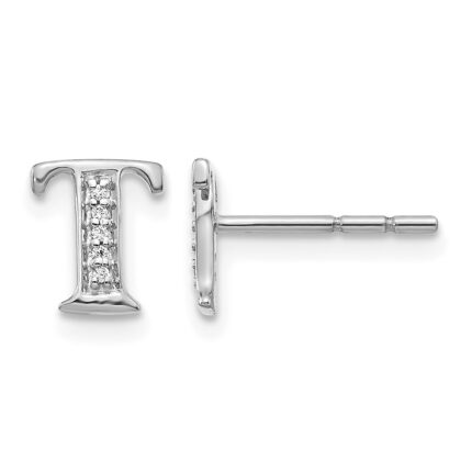14k White Gold Diamond Initial T Post Earrings