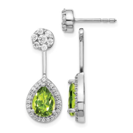 14k White Gold Diamond/Pear Peridot Front/Back Earrings