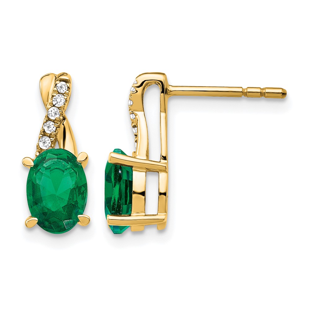 EM4235-CEM-006-YA.jpg 14k 7x5 Oval May/Lab Created Emerald and Diamond Post Earrings - Image 1