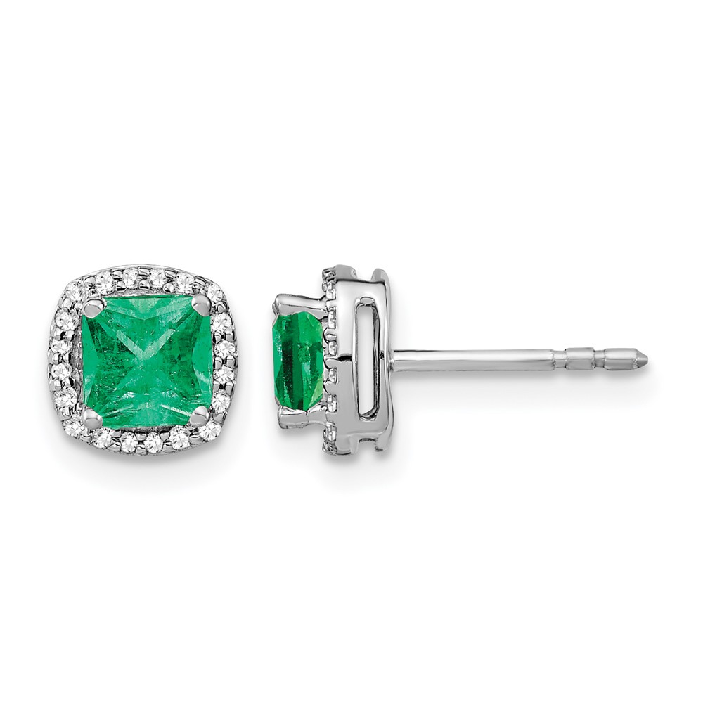 EM4241-EM-015-WA.jpg 14k White Gold 5mm Cushion Emerald and Diamond Halo Post Earrings - Image 1