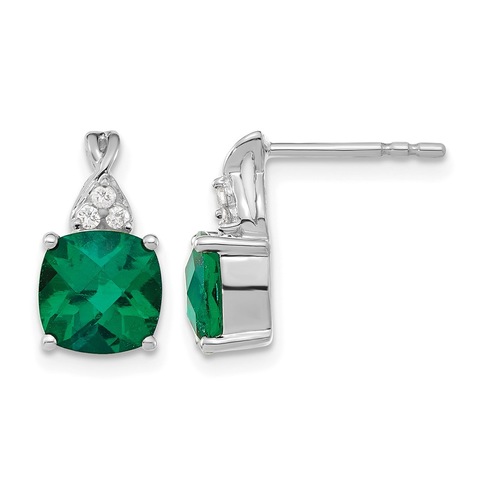 EM4393-CEM-006-WA.jpg 14k White Gold 7mm Cushion Checkerboard May/Lab Created Emerald and Diamond Post Earrings - Image 1