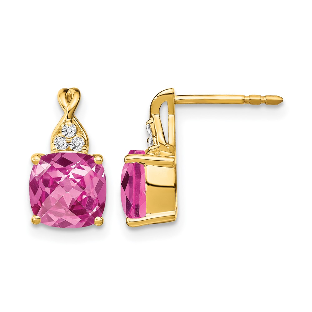 EM4393-CPS-006-YA.jpg 14k 7mm Cushion Checkerboard October/Lab Created Pink Sapphire and Diamond Post Earrings - Image 1