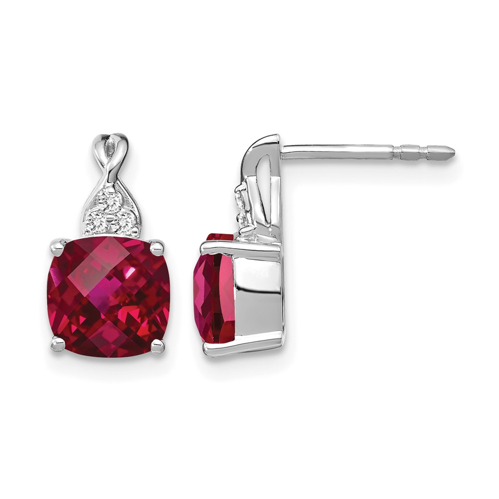 EM4393-CRU-006-WA.jpg 14k White Gold 7mm Cushion Checkerboard July/Lab Created Ruby and Diamond Post Earrings - Image 1