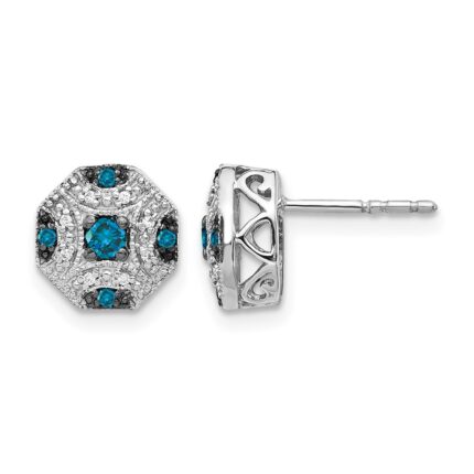 14k White Gold Fancy 1/4 carat White and Blue Diamond Octagon Post Earrings