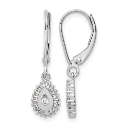 10k White Gold Baguette Diamond Teardrop Halo Leverback Earrings
