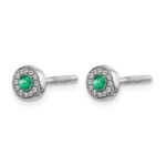 14k White Gold Diamond and 2.3mm Round Emerald Halo Post Earrings - Image 2