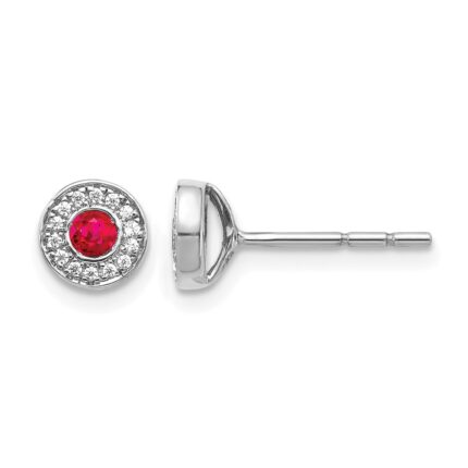 14k White Gold 2.8mm Round Ruby and Diamond Halo Post Earrings