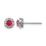 14k White Gold 3.5mm Round Blue Ruby and Diamond Halo Post Earrings