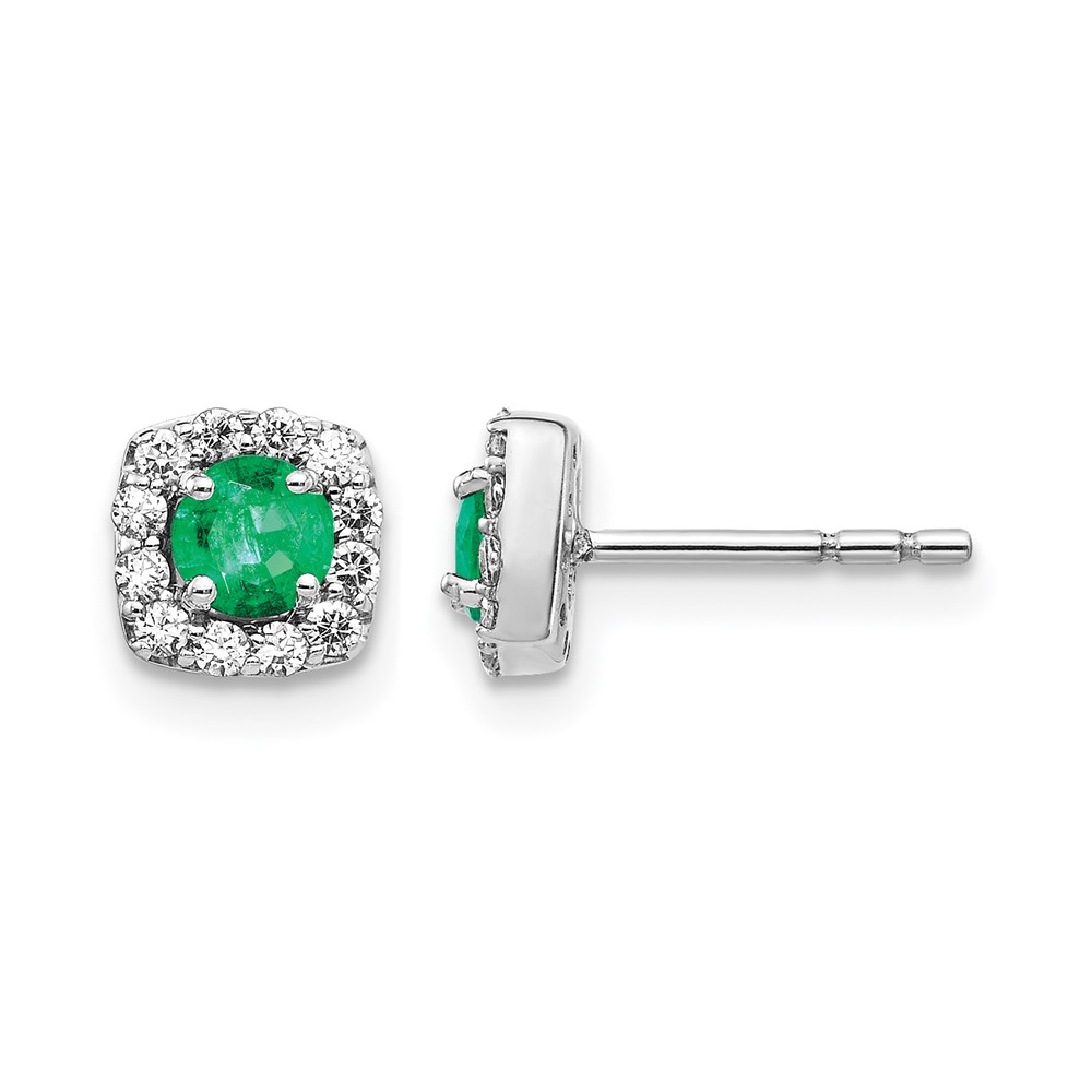 EM5589-EM-020-WA-1.jpg 14k White Gold 3.7mm Round Emerald and Diamond Square Halo Post Earrings - Image 1