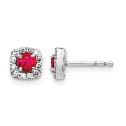 14k White Gold 3.7mm Round Ruby and Diamond Square Halo Post Earrings