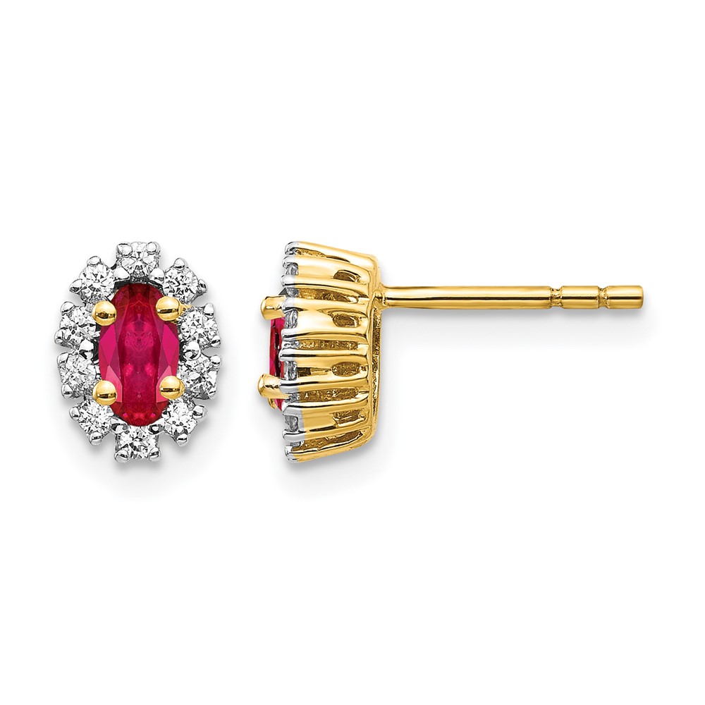 EM5591-RU-020-1YA.jpg 10k Yellow Gold Diamond and Ruby Oval Halo Earrings - Image 1