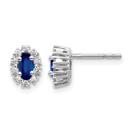 14k White Gold 5x3mm Oval Sapphire and Diamond Halo Post Earrings