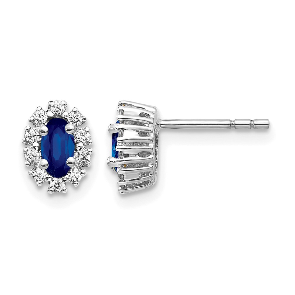 EM5591-SA-020-WA.jpg 14k White Gold 5x3mm Oval Sapphire and Diamond Halo Post Earrings - Image 1