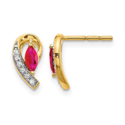14k 5x2.5mm Marquise Ruby and Diamond Curved Post Earrings