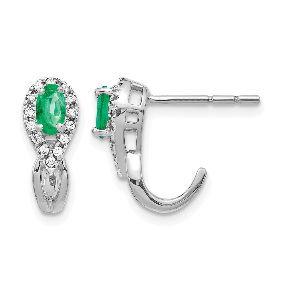 EM5593-EM-013-WA.jpg 14k White Gold 5x3mm Oval Emerald and Diamond J-Hoop Post Earrings - Image 1