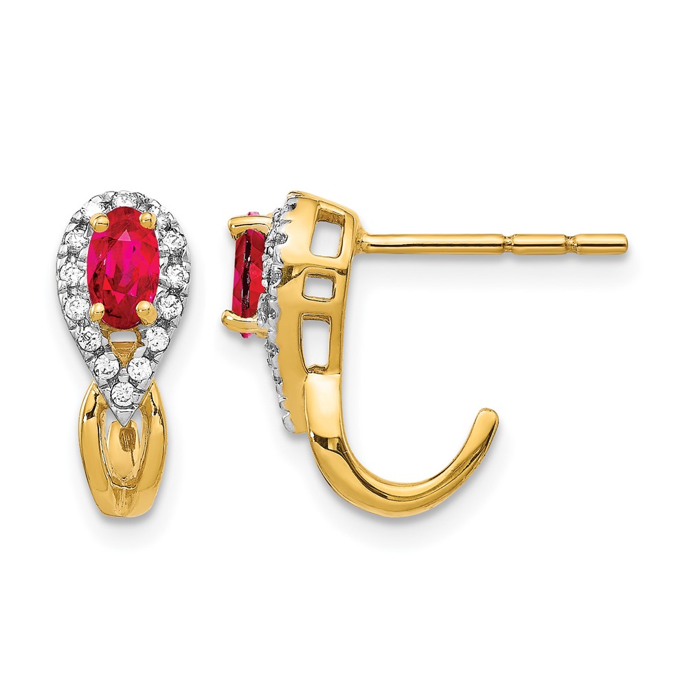 EM5593-RU-013-YA.jpg 14k 5x3mm Oval Ruby and Diamond J-Hoop Post Earrings - Image 1
