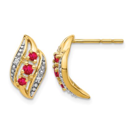14k Polished Siam Ruby and Diamond Curve Post Earrings
