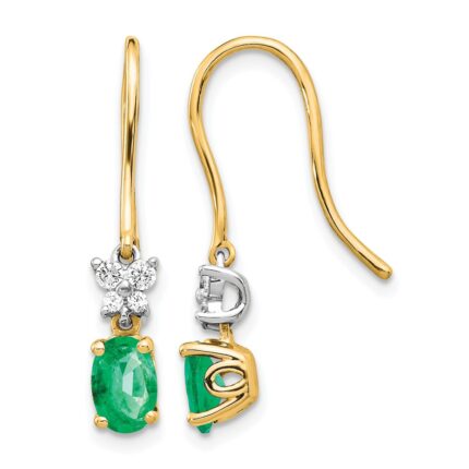 14k Two-Tone 6x4mm Oval Emerald and Diamond Shepherd Hook Earrings
