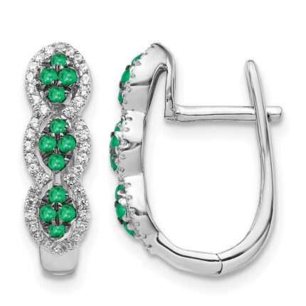 14k White Gold Emerald Cluster and Diamond Hinged Hoop Earrings