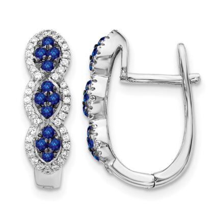 14k White Gold Blue Sapphire Cluster and Diamond Hinged Hoop Earrings