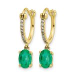 14k 1/10 carat Diamond and 7x5mm Oval Emerald Dangle Hoop Earrings - Image 2