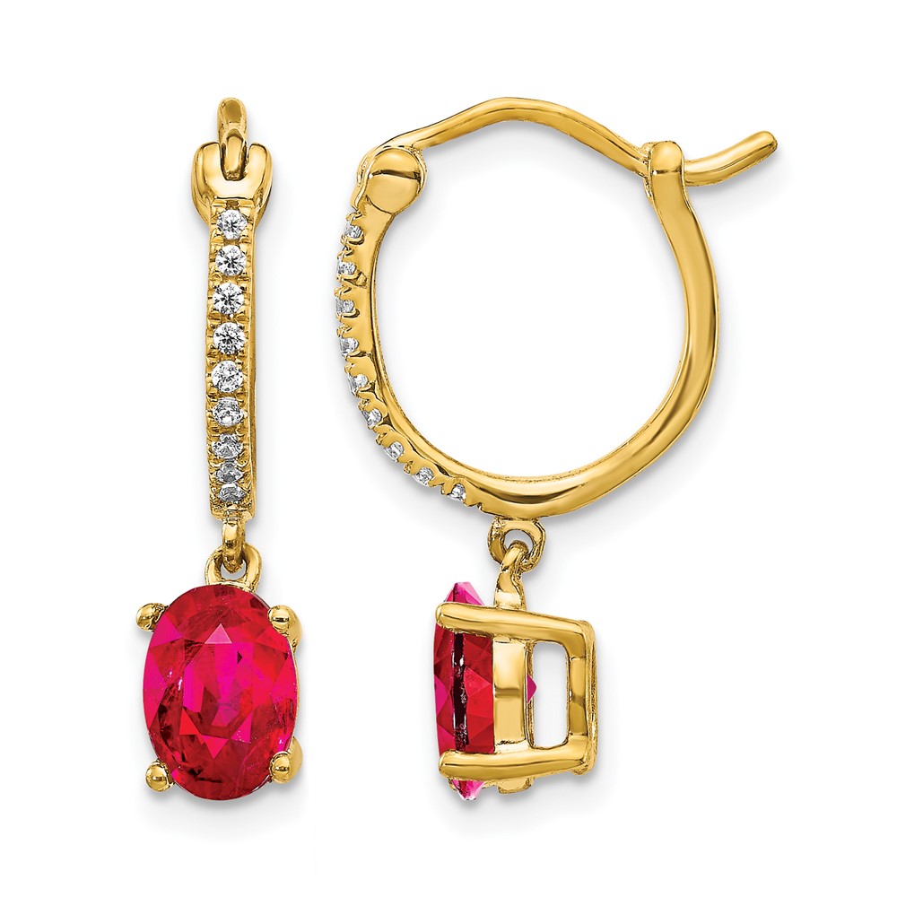 EM5604-RU-010-YA.jpg 14k 1/10 carat Diamond and 7x5mm Oval Ruby Dangle Hoop Earrings - Image 1