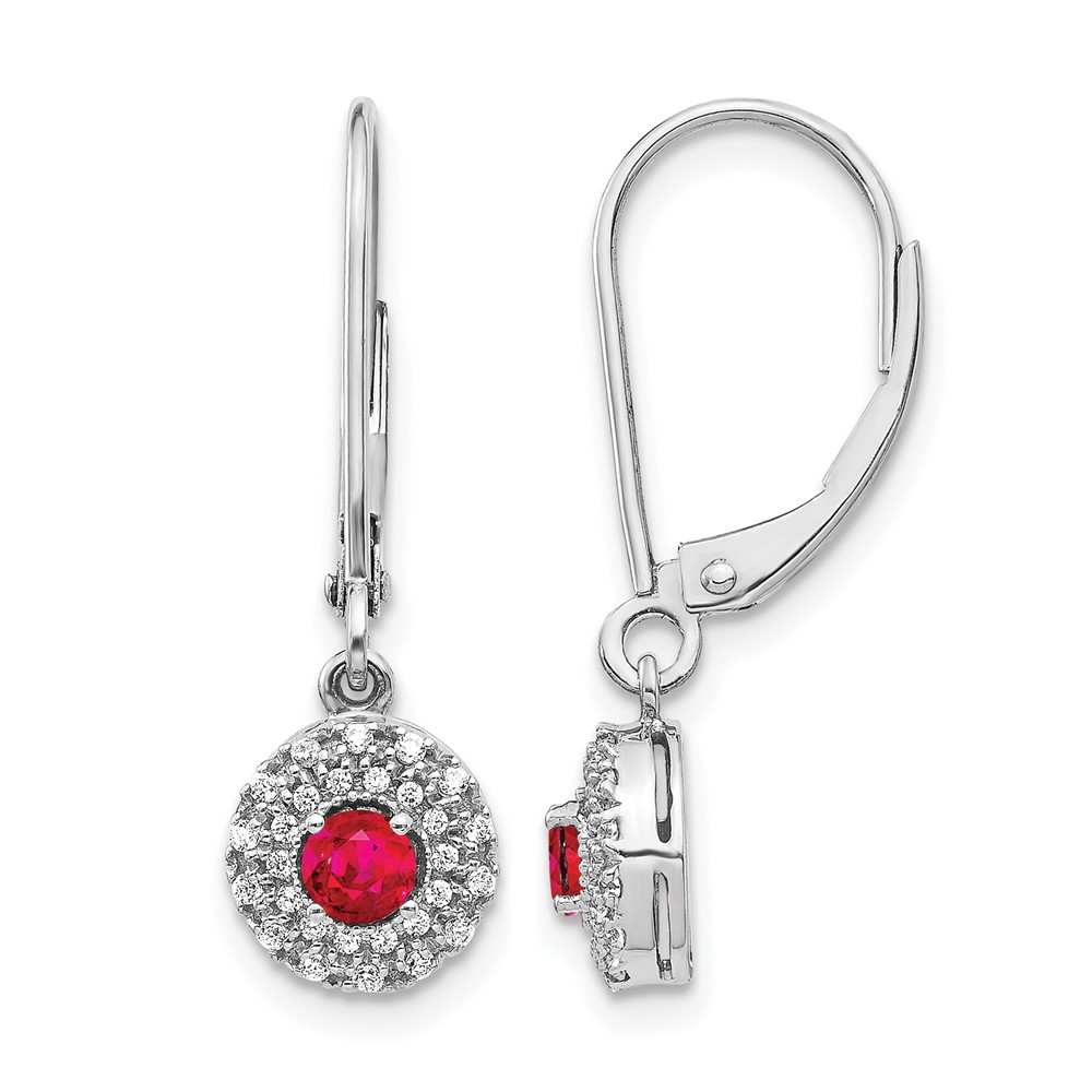 EM5605-RU-020-WA.jpg 14k White Gold 1/5 carat Lab Grown Diamond VS/SI+ G+ and Created Ruby Complete Drop Leverback Earrings - Image 1