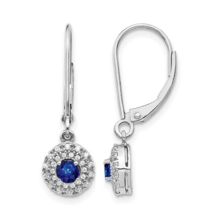 14k White Gold Diamond Halo and Sapphire Leverback Dangle Earrings