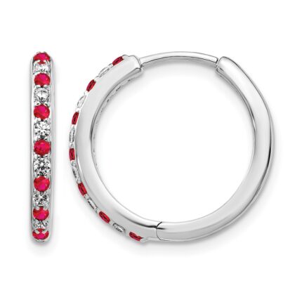 14k White Gold Diamond and Ruby 19mm Hinged Hoop Earrings