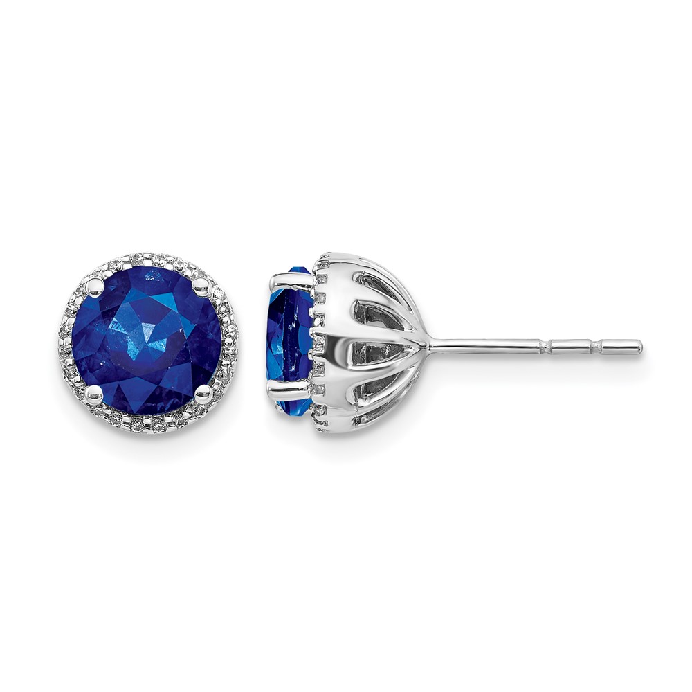 EM5608-SA-013-WA.jpg 14k White Gold 6mm Round Sapphire and Diamond Halo Post Earrings - Image 1
