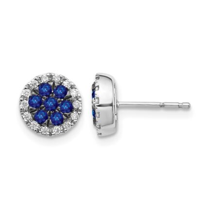 14k White Gold Sapphire Cluster and Diamond Halo Round Post Earrings