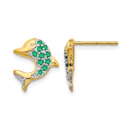 14k and White Rhodium Emerald and Diamond Dolphin Post Earrings