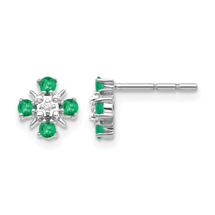 14k White Gold 2mm Round Emerald and Diamond Post Earrings