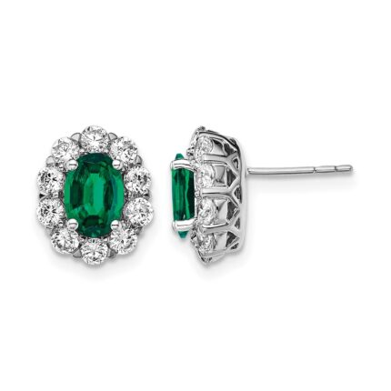 14k White Gold 1 1/5 carat Lab Grown Diamond VS/SI+ G+ and Oval Created Emerald Complete Halo Post Earrings