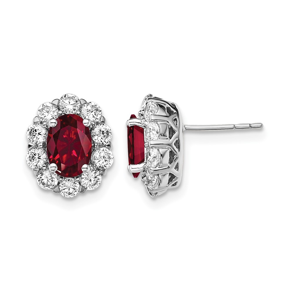 EM6990-CR-104-WAA.jpg 14k White Gold 1 1/5 carat Lab Grown Diamond VS/SI+ G+ and Oval Created Ruby Complete Halo Post Earrings - Image 1