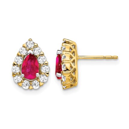14k 6x4mm Pear Ruby and 3/4 carat Diamond Halo Post Earrings