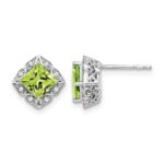 14k White Gold Square Peridot and Diamond Earrings