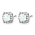 14k White Gold 5mm Cushion Lab Created Opal and Diamond Square Halo Post Earrings - Image 2