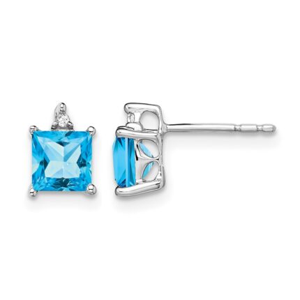 14k White Gold Princess Blue Topaz and Diamond Earrings