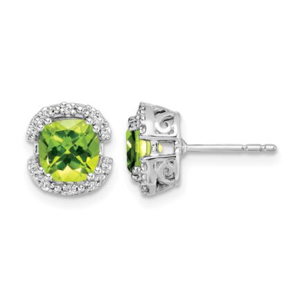 14k White Gold Cushion Peridot and Diamond Halo Earrings