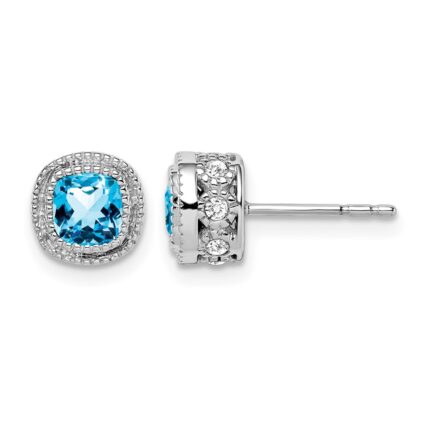 14k White Gold Cushion Blue Topaz and Diamond Earrings