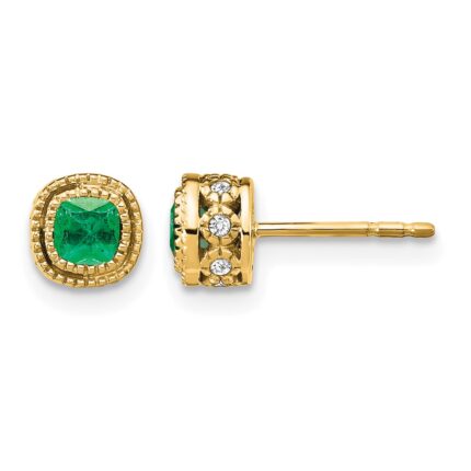 14k 3.4mm Cushion Emerald and Diamond Post Earrings