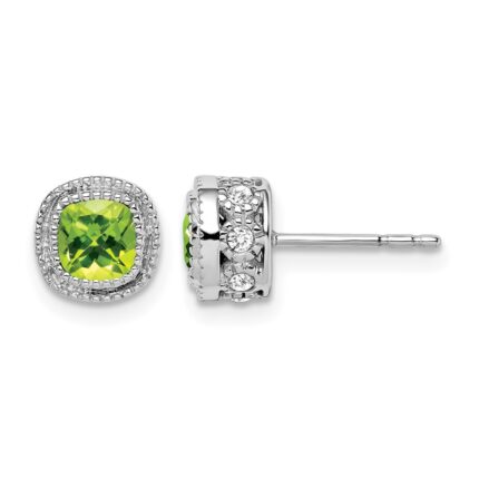 14k White Gold Cushion Peridot and Diamond Earrings