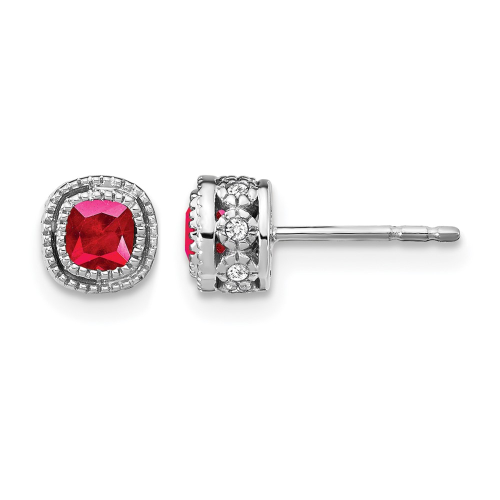 EM7092-RU-010-1WA.jpg 10k White Gold Cushion Ruby and Diamond Earrings - Image 1