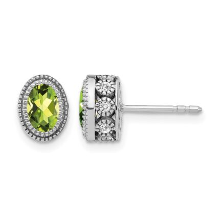 14k White Gold Oval Peridot and Diamond Earrings