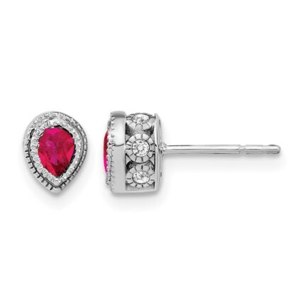 14k White Gold 4x3mm Pear Ruby and Diamond Post Earrings