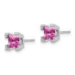 14k White Gold 5mm Princess Lab Created Pink Sapphire and Diamond Corners Post Earrings - Image 2
