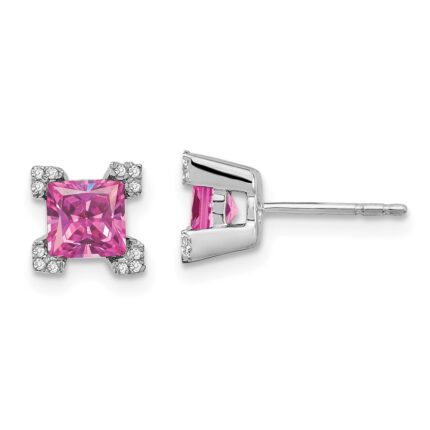 14k White Gold 5mm Princess Lab Created Pink Sapphire and Diamond Corners Post Earrings